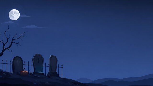 Spooky graveyard scene under a full moon perfect for a dark and mysterious halloween night background design