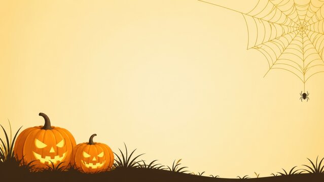 A festive halloween background featuring glowing jack o lanterns and a spooky spider web on a light background