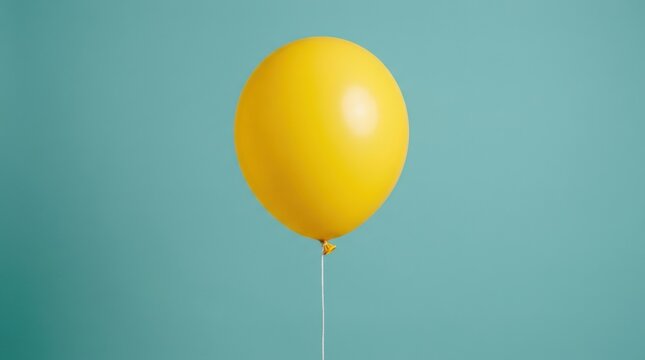 Bright yellow balloon floating elegantly against a minimalist solid teal background for festive party celebration themes