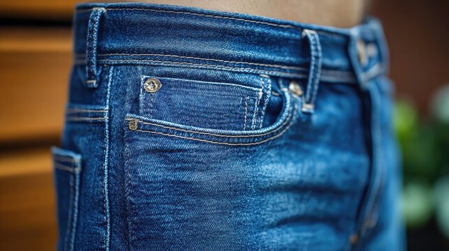 Close-up of blue denim jeans pocket with stitching and rivets, casual fashion detail, outdoor background