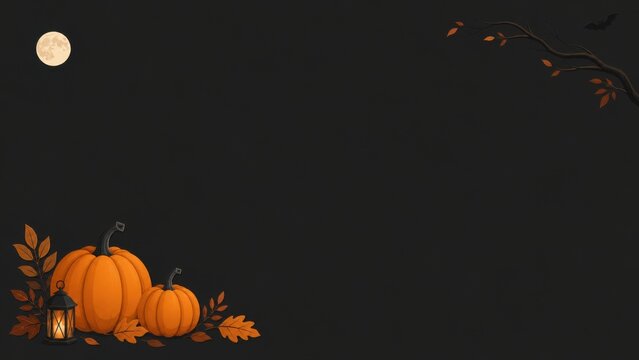 Festive halloween background featuring orange pumpkins and a glowing lantern under a full moon in the night sky