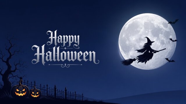 A festive happy halloween background featuring a witch flying on a broomstick against a large full moon
