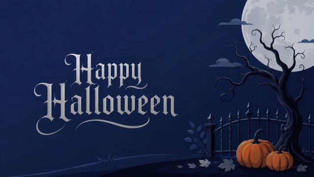 A festive happy halloween greeting card design featuring a spooky full moon night scene with glowing orange pumpkins