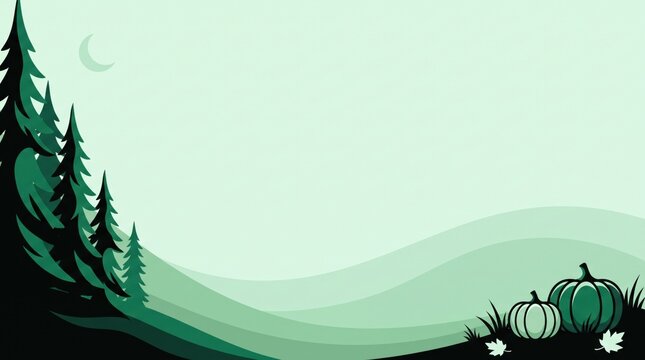 A spooky halloween background featuring pine trees and pumpkins under a crescent moon in a green landscape