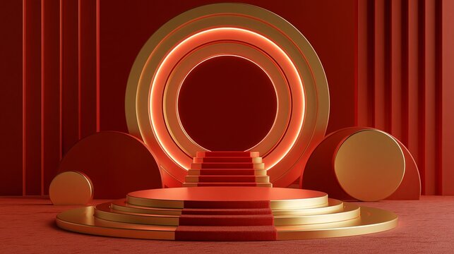 Elegant circular gold platform featuring glowing neon light rings and plush red carpet stairs for a luxury product display presentation