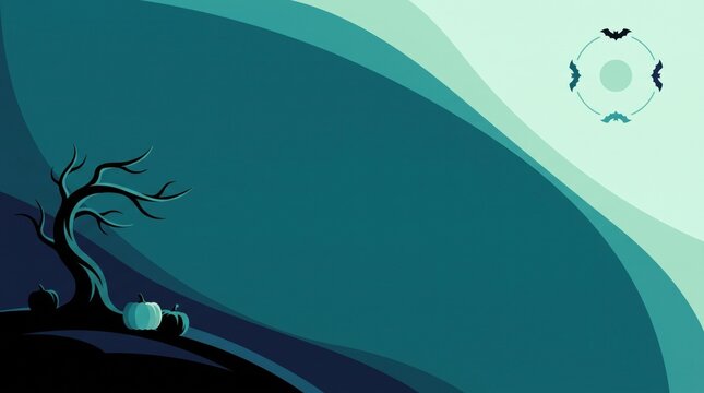 Minimalist halloween background featuring a spooky bare tree silhouette under a glowing full moon in teal tones