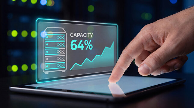 man touches glowing server capacity interface with rising chart on tablet to confirm bandwidth upgrade complete, verify network load balanced, and manage it infrastructure performance