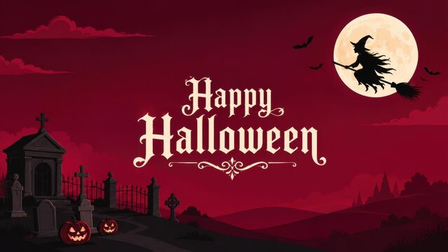 A spooky dark red background featuring a witch flying across a full moon for a happy halloween celebration