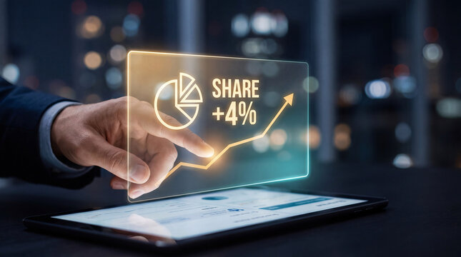 businessman touches glowing market share interface with rising chart on tablet to confirm competitor gap narrowed, verify brand positioning improved, and present strategic analysis results