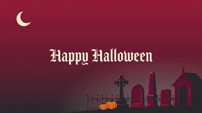 Happy halloween greeting card design featuring a spooky graveyard silhouette under a glowing crescent moon in red