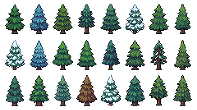 Set of colorful pixel art evergreen trees including snowy and autumn variations for retro gaming