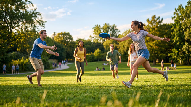 Friends enjoying a game of frisbee in a sunny park on a summer day