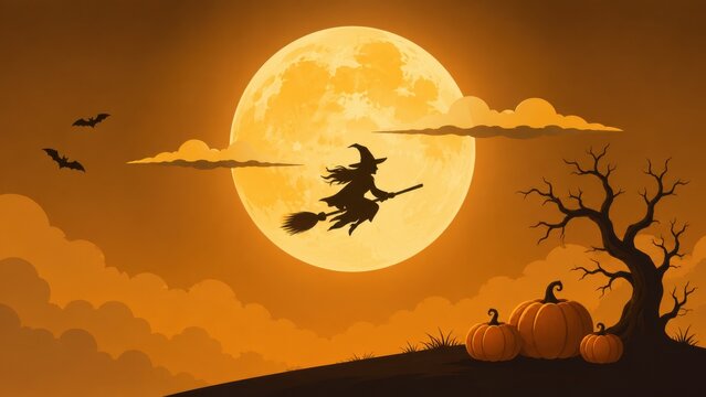 A silhouette of a witch flying on a broomstick against a large full moon for halloween night