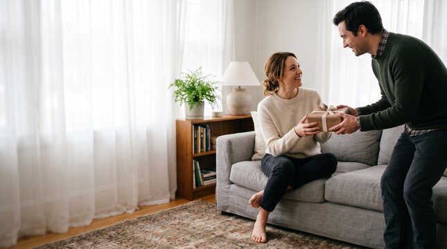 Man gives woman a gift while sitting on couch in living room