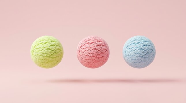 Three scoops of colorful ice cream floating on a pink background