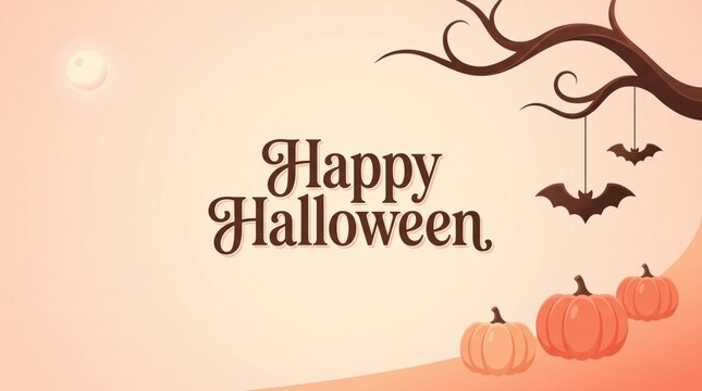 A festive happy halloween background featuring cute pumpkins and flying bats under a spooky dark tree branch