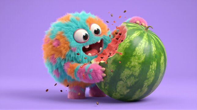 Funny fluffy monster eating a fresh ripe watermelon. Cute creature with colorful fur having a tasty summer fruit snack. Playful cartoon character design for children media and animation.