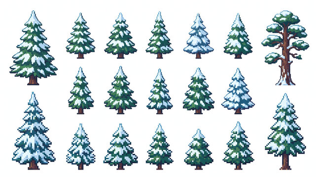 Collection of pixel art pine trees covered in snow for winter game environment design.