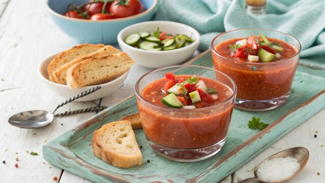 Festive gazpacho served in clear glasses with fresh vegetables on a pastel background