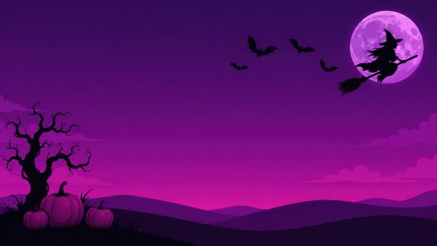 Witch riding broomstick silhouette with bats flying across a purple full moon halloween night sky.