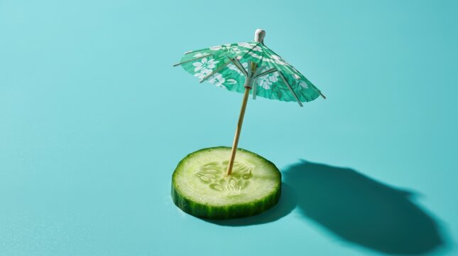 Cucumber slice with a cocktail umbrella on a blue background