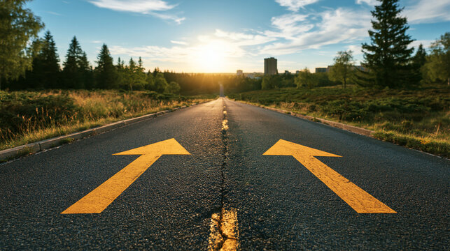 Two yellow arrows painted on asphalt road pointing forward under sunny sky. Concept of future direction and choice in.