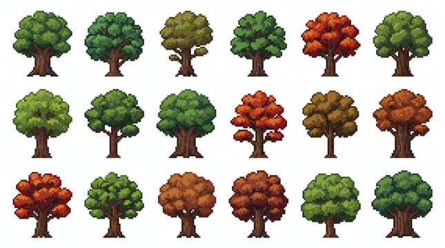Diverse collection of pixel art trees in summer and autumn colors for retro game development