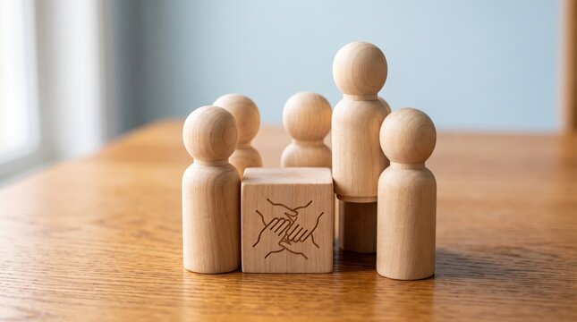 Wooden figures gathered around a cube with interlocking hands symbol on a table during a meeting representing teamwork and unity