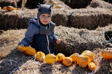 Cute kid having fun at a pumpkin farm with hay stacks.  © belyaaa