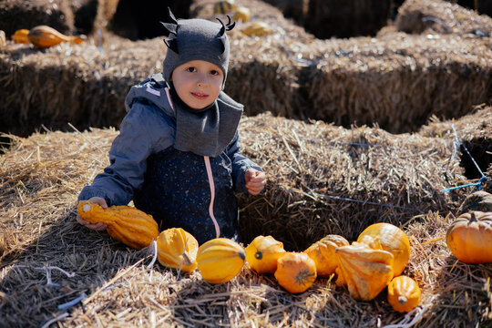 Cute kid having fun at a pumpkin farm with hay stacks. 