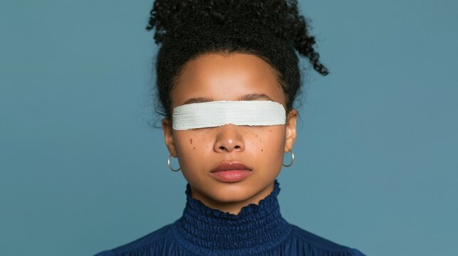 Curly light Brown zoomer with hoop earrings with her eyes hidden beneath a brush stroke of white paint. Afro with messy bun