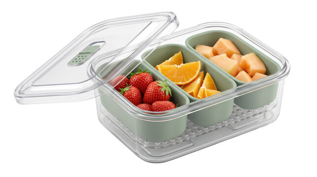 Reusable plastic food storage container with compartments, fresh fruit meal prep box with strawberries and oranges, kitchen organization isolated PNG with Transparent Background