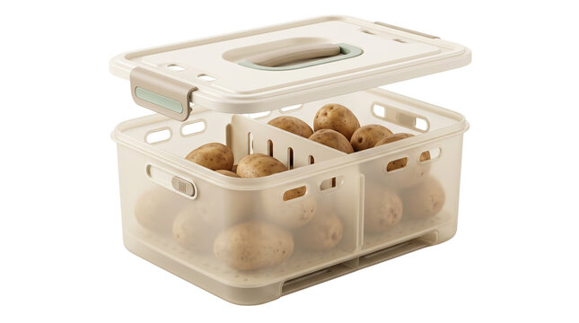 Modern plastic storage container with fresh potatoes, ventilated kitchen organizer box, pantry food storage solution with lid isolated PNG with Transparent Background