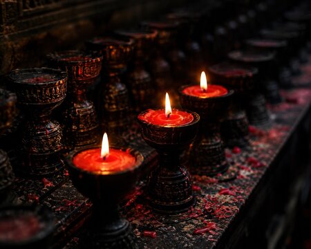 Row of glowing red candles burning in a dark temple setting