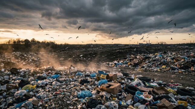 Birds flying over a polluted landfill site under stormy sky