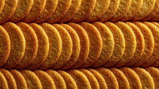 Golden biscuit cookies background, crispy round crackers texture, baked snack food pattern for packaging and ads