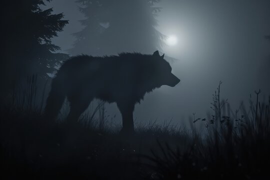 Mysterious wild wolf hunting in dark spooky forest covered with deep blue fog at night