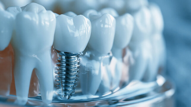 Dental implant model showcasing titanium screw and white crown. Perfect for dental care and oral health concepts.
