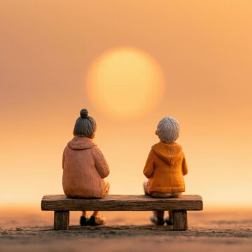Career coaching conversation concept with two miniature figures sitting on a bench during sunset