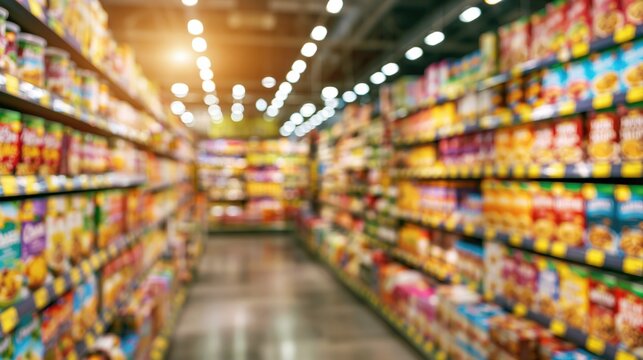 Blurry supermarket food aisle with colorful cereal and packaging
