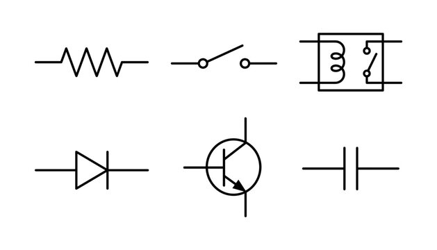 Electronic Circuit Symbols Set with Resistor Switch Relay Diode Transistor and Capacitor Icons for Electrical Engineering Schematic Vector Designs