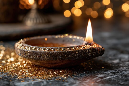 Diya lamp beside scattered golden glitter on dark marble surface