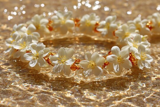 Fresh jasmine flower garland floating on shallow water with light reflections