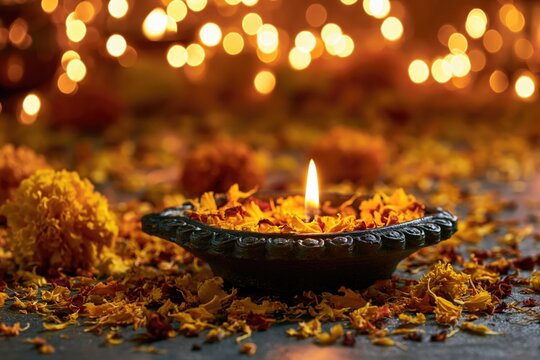 Diya lamp on dark surface surrounded by scattered yellow and orange flower petals