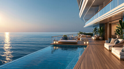Fototapeta premium Luxury cruise ship terrace featuring private infinity pool and sun loungers at sunset.