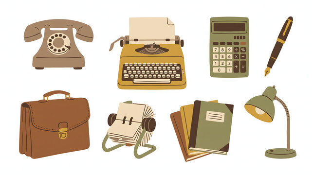 Set of classic office tools with vintage typewriter rotary phone and business briefcase