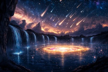 Obraz premium Cosmic landscape where shooting stars cascade into a vibrant galaxy under a starlit sky