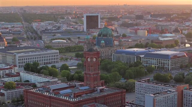 Berlin City Hall, Rotes Rathaus and the surrounding Rathausstrasse, Mitte in Berlin, Germany. Aerial Shot at Sunset Time