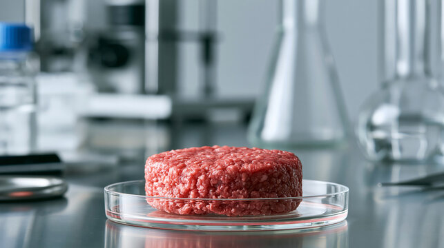 Lab grown meat patty in a petri dish inside a science laboratory. Cultured meat future food production concept.