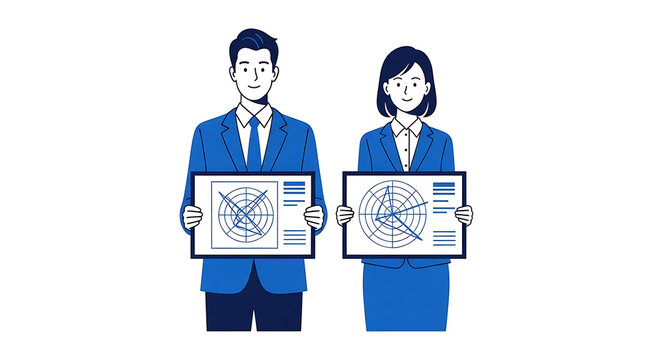 Professional corporate team of business professionals presenting data visualization through spider charts for performance analysis